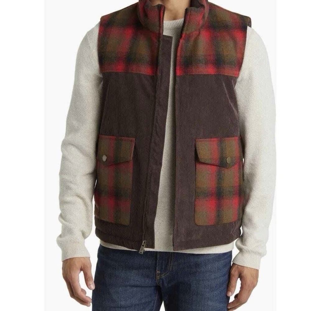 NWT Pendleton Men's Black Hills Corduroy Down Vest in Red/Olive Plaid‎ (Sz. M)
